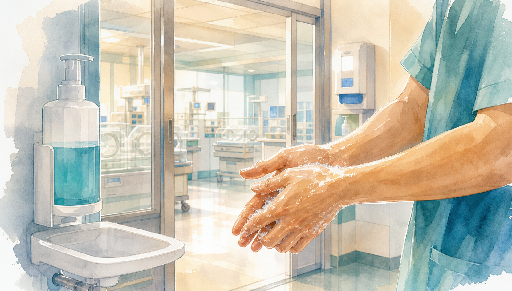 Painterly hand hygiene and neonatal infection prevention scene