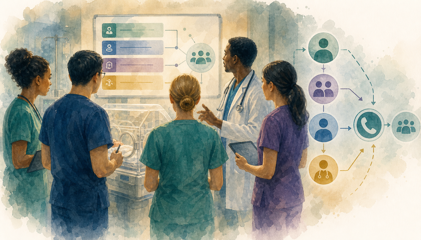 Painterly neonatal teamwork and structured communication scene